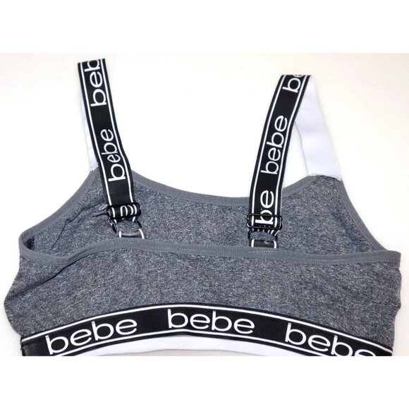 Bebe Gray Sports Bra XL Logo Strap Wireless Racerback Activewear Comfort - Picture 2 of 5